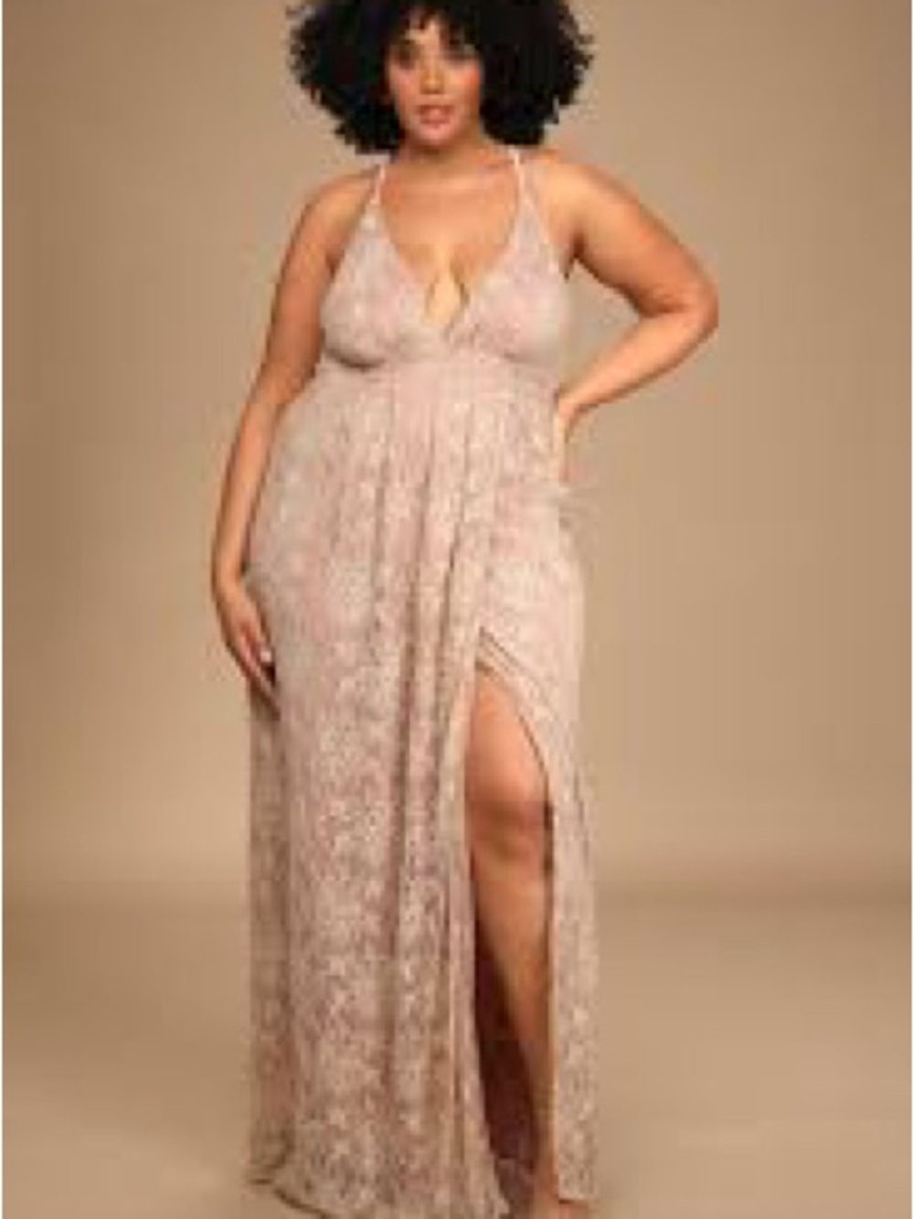 Plus Size Lace Maxi Dress with Side Slit - Blush